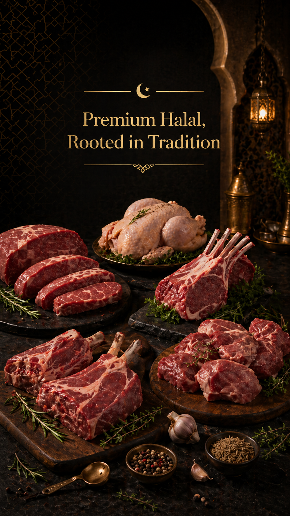 A variety of raw meats on black stone and wooden boards, including steak, lamb chops, and a whole chicken, garnished with herbs like rosemary and parsley, with garlic and spices nearby, presented in a dimly lit, elegant setting.