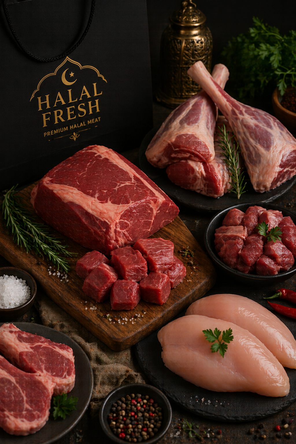 Assorted fresh raw meats including beef, chicken, and lamb, garnished with herbs like rosemary and parsley, displayed on wooden and stone surfaces next to spices and salt; promotional gift bag with 'Halal Fresh' branding in the background.