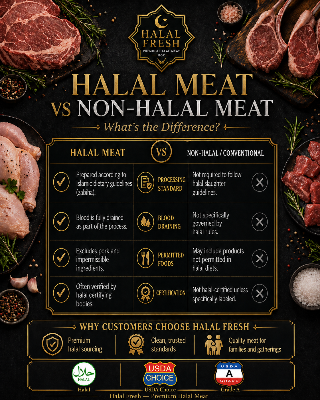 An infographic comparing halal and non-halal meat. It includes sections on processing standards, blood draining, permitted foods, and certification, with a decorative background of various raw meats and spices.