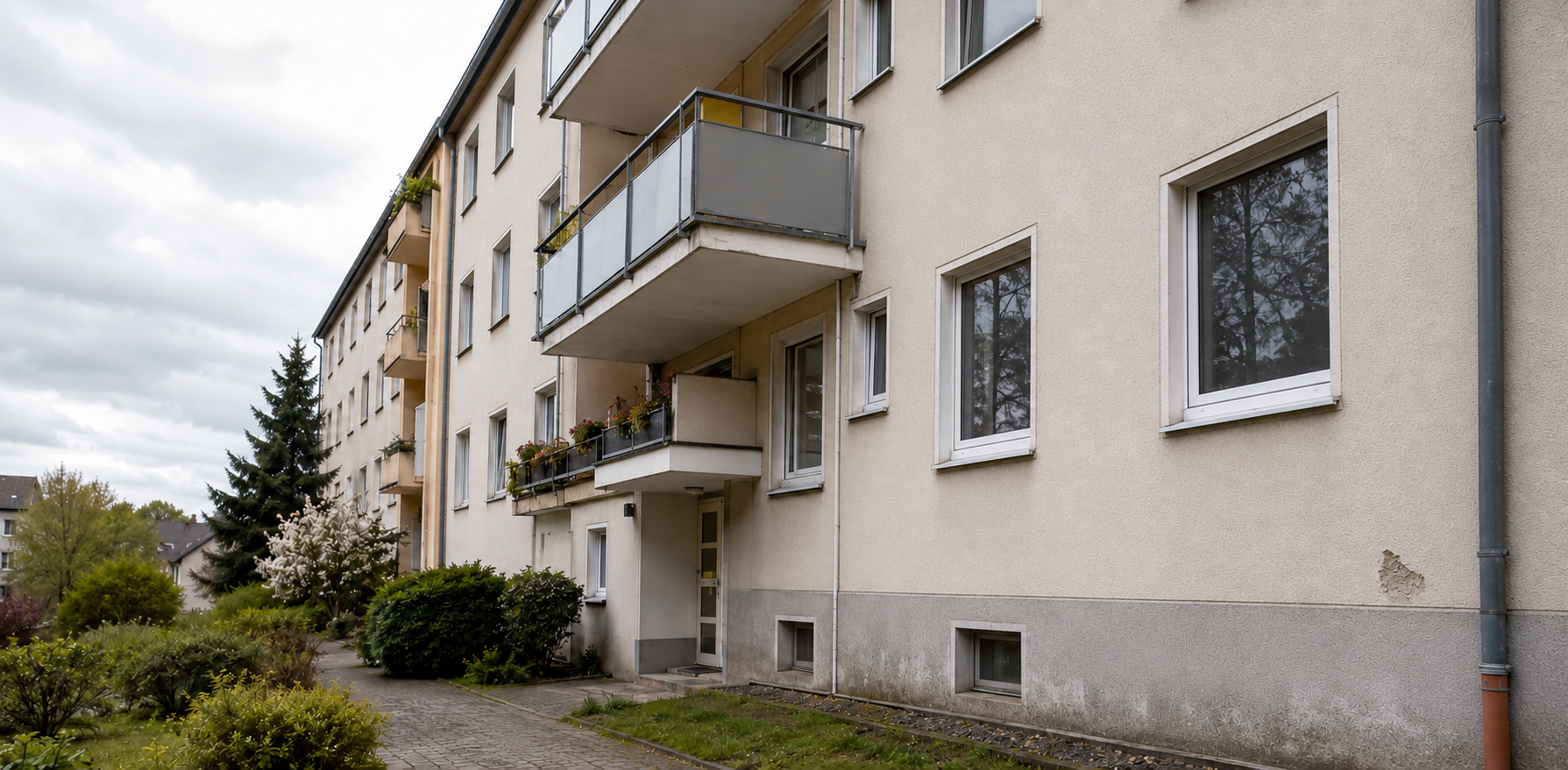 Mehrfamilienhaus mit Balkon und Garten, bewölkter Himmel