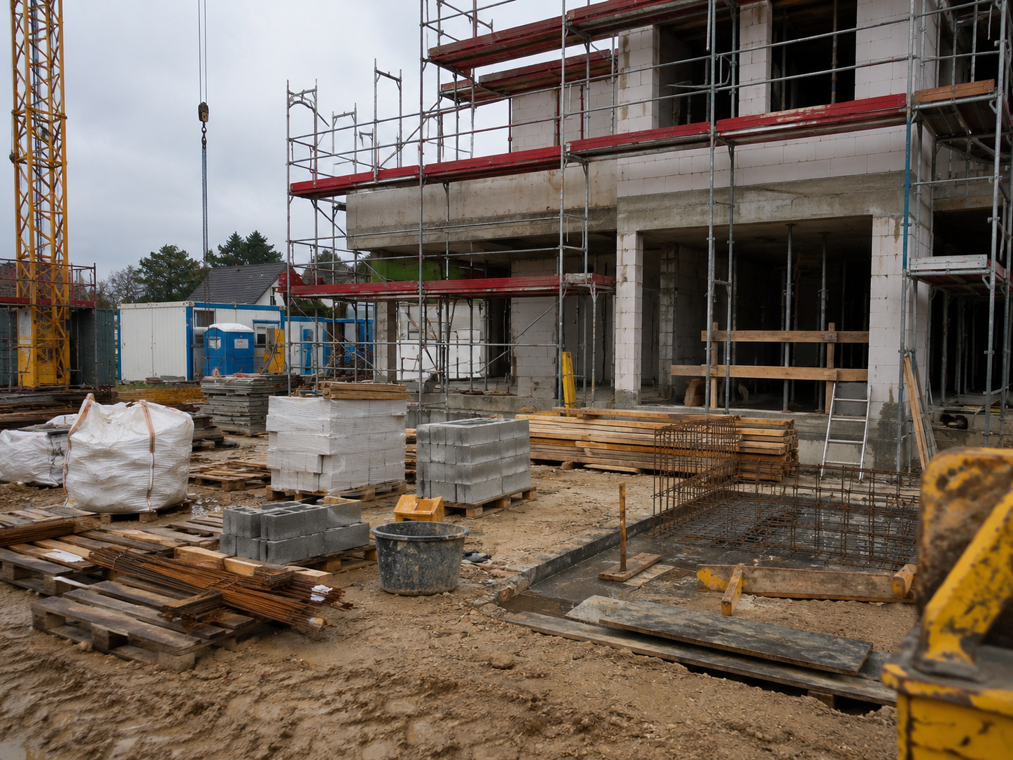 Baustelle mit Baugerüsten, Baumaterialien und einem zweistöckigen Gebäude im Rohbau