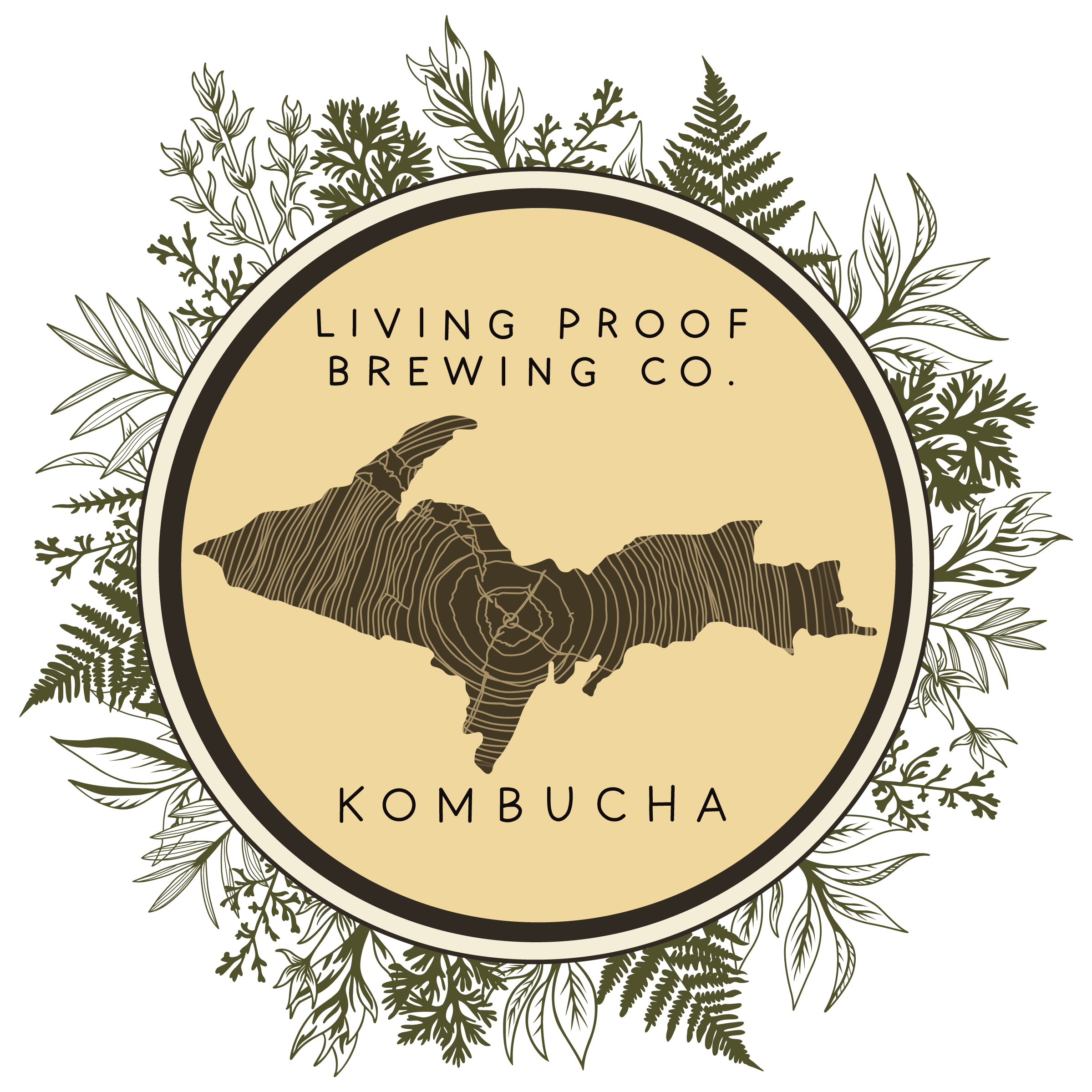 Label for Living Proof Brewing Co. Kombucha with a decorative border of leafy plants and a stylized hand logo.