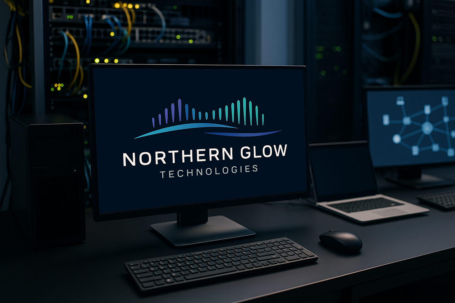 An office desk with a computer monitor displaying the Northern Glow Technologies logo, surrounded by servers and other computer equipment in a dark data center.