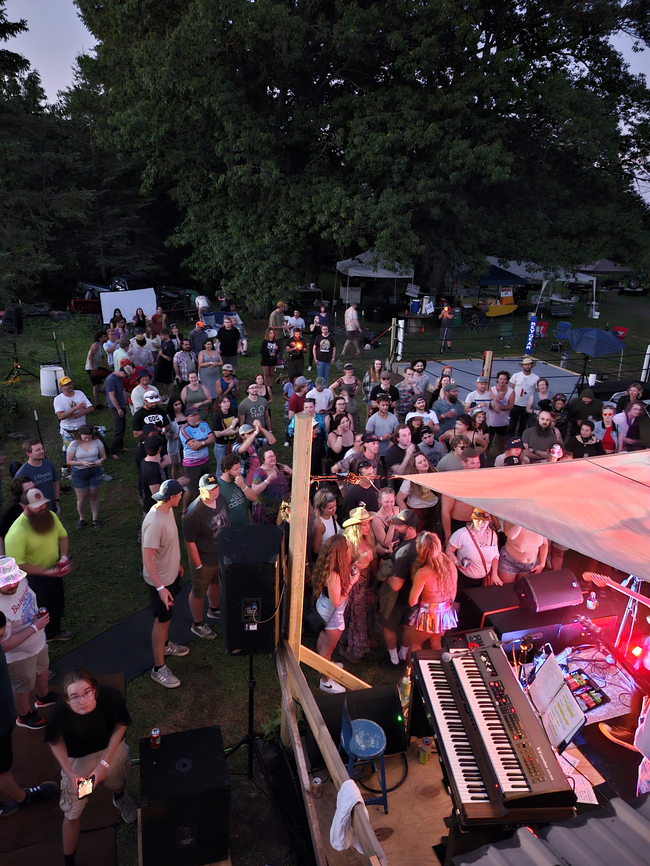 Crowd of people attending an outdoor music event under a large tree, with a keyboard, mixer, and music equipment on a stage in the foreground.