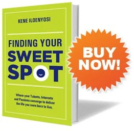 Book titled 'Finding Your Sweet Spot' by Kene Iloenyosi with a bright yellow-green cover and a prominent orange 'Buy Now!' badge.