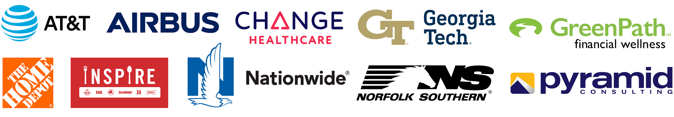 Collection of various company logos including AT&T, Airbus, Change Healthcare, Georgia Tech, GreenPath, The Home Depot, Inspire, Nationwide, Norfolk Southern, Pyramid Consulting.