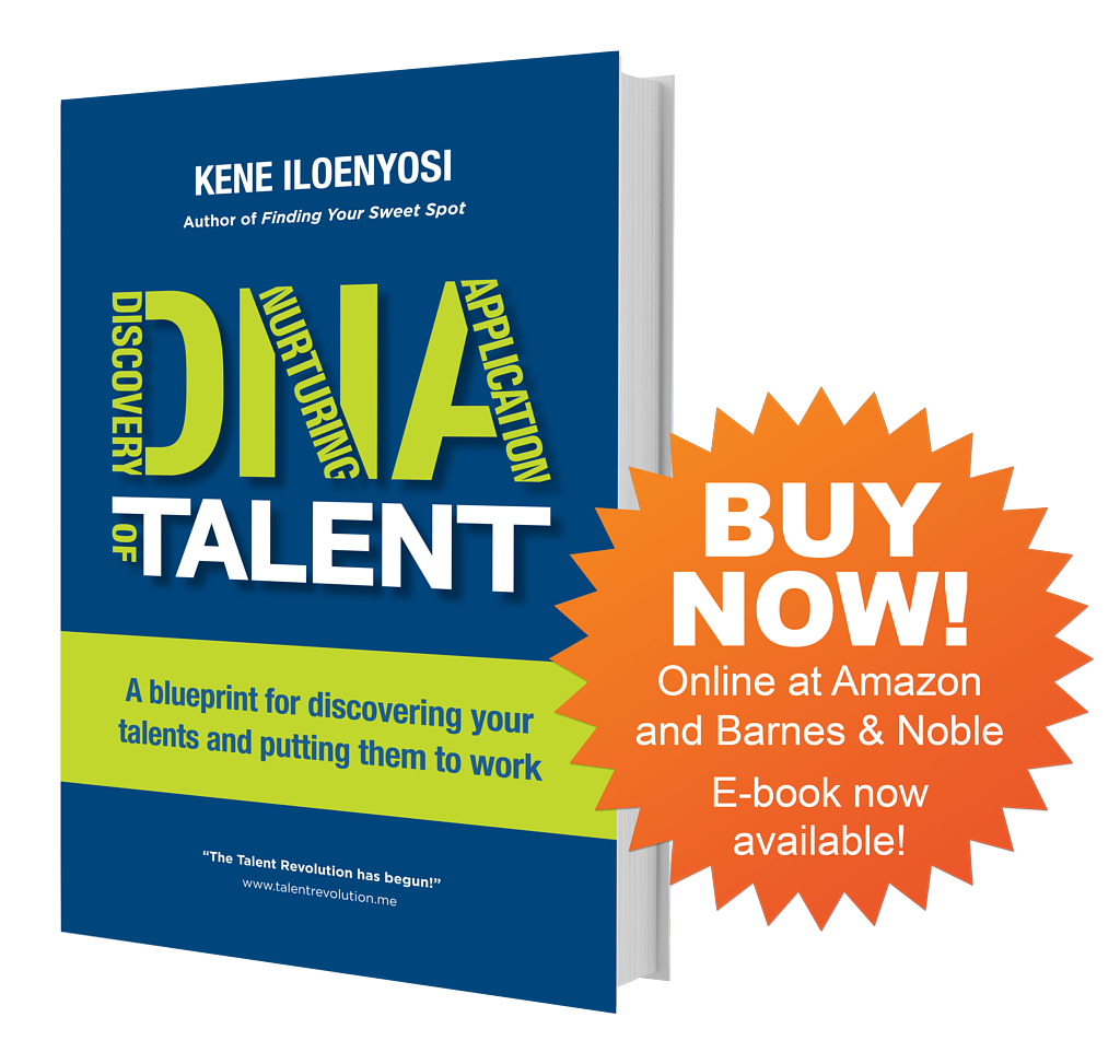 The cover of a book titled "Discovery of Talent" by Kene Iloenyosi with a blue and green design, and an orange starburst label that says "Buy Now!" with details about purchasing the e-book online.