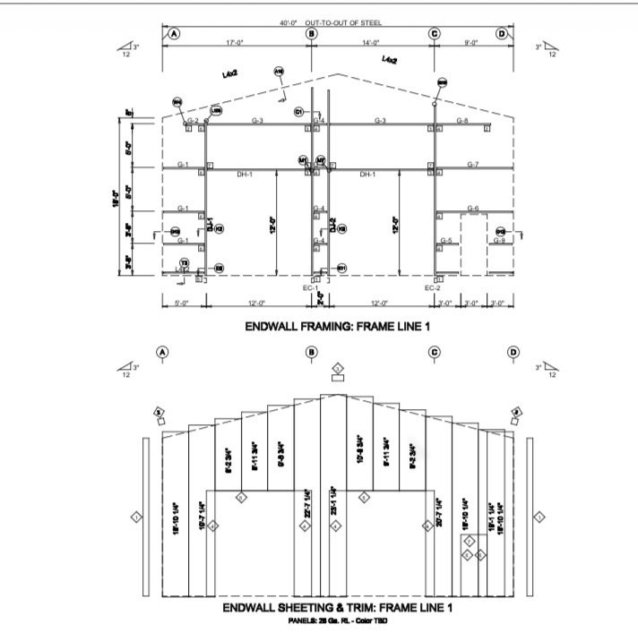 Snapshot of building plans generated from in-house pre-engineered bolt-up building design program.