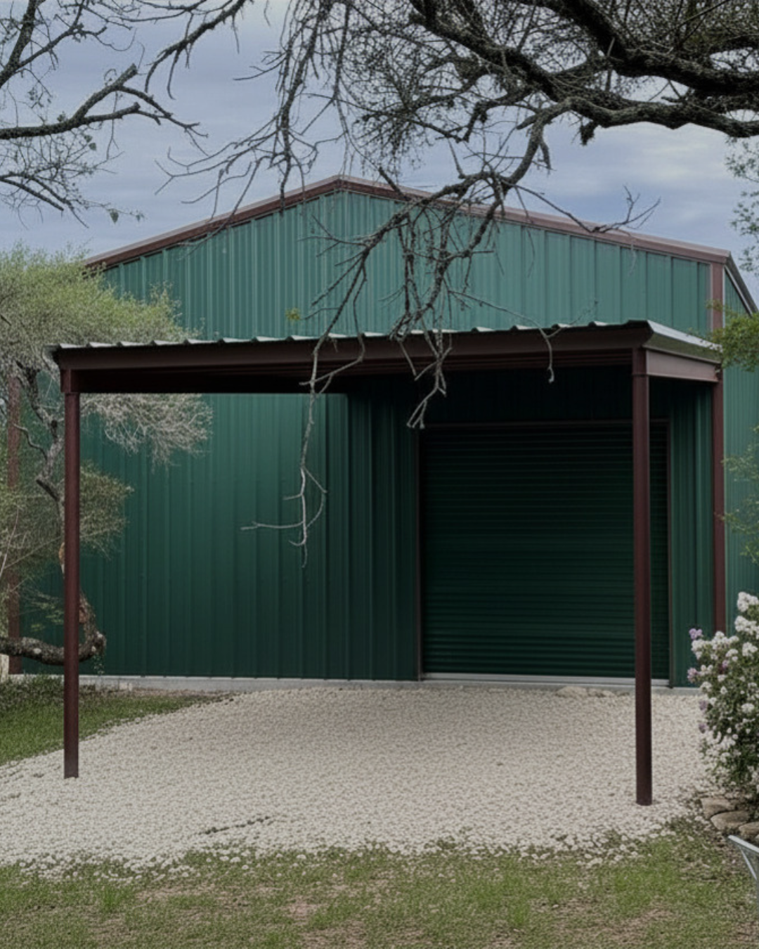 A Forest green Welded Building kits. PBR Panel with a green roll-up door.. Caport attached.