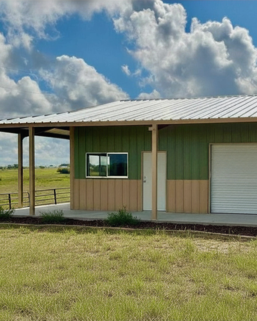 Welded metal building kits. Galvalume PBR Panel Roof. Colony green PBR Panel wall panels. Self-framing windows, walk door, roll-up doors. Custom metal trim