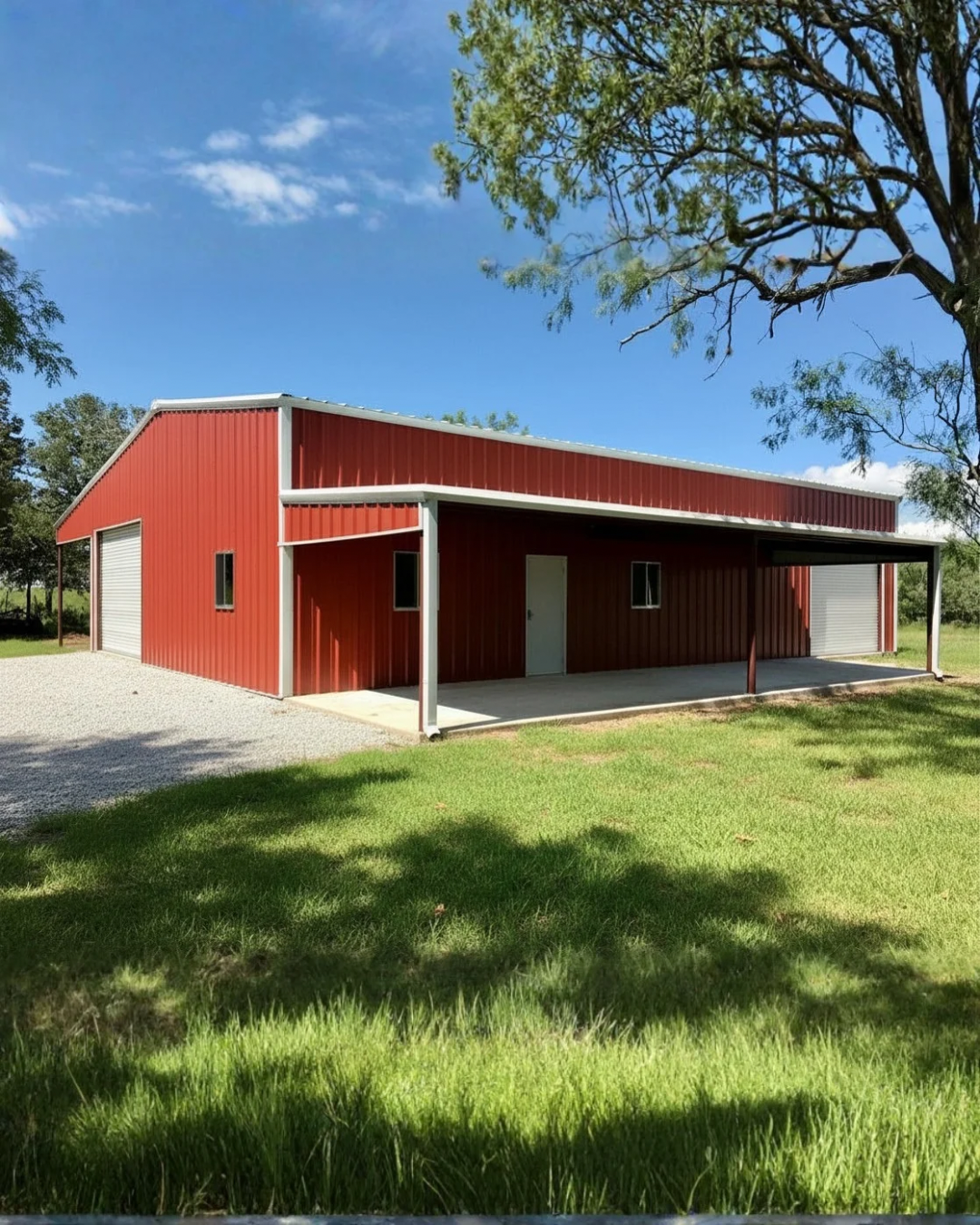 Metal barn with two roll-up doors and a walk door. Rustic Red PBR Panels with Polar white trim and gutter