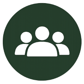 Icon of three white people with a larger central figure and two smaller figures on either side, on a dark green circular background.