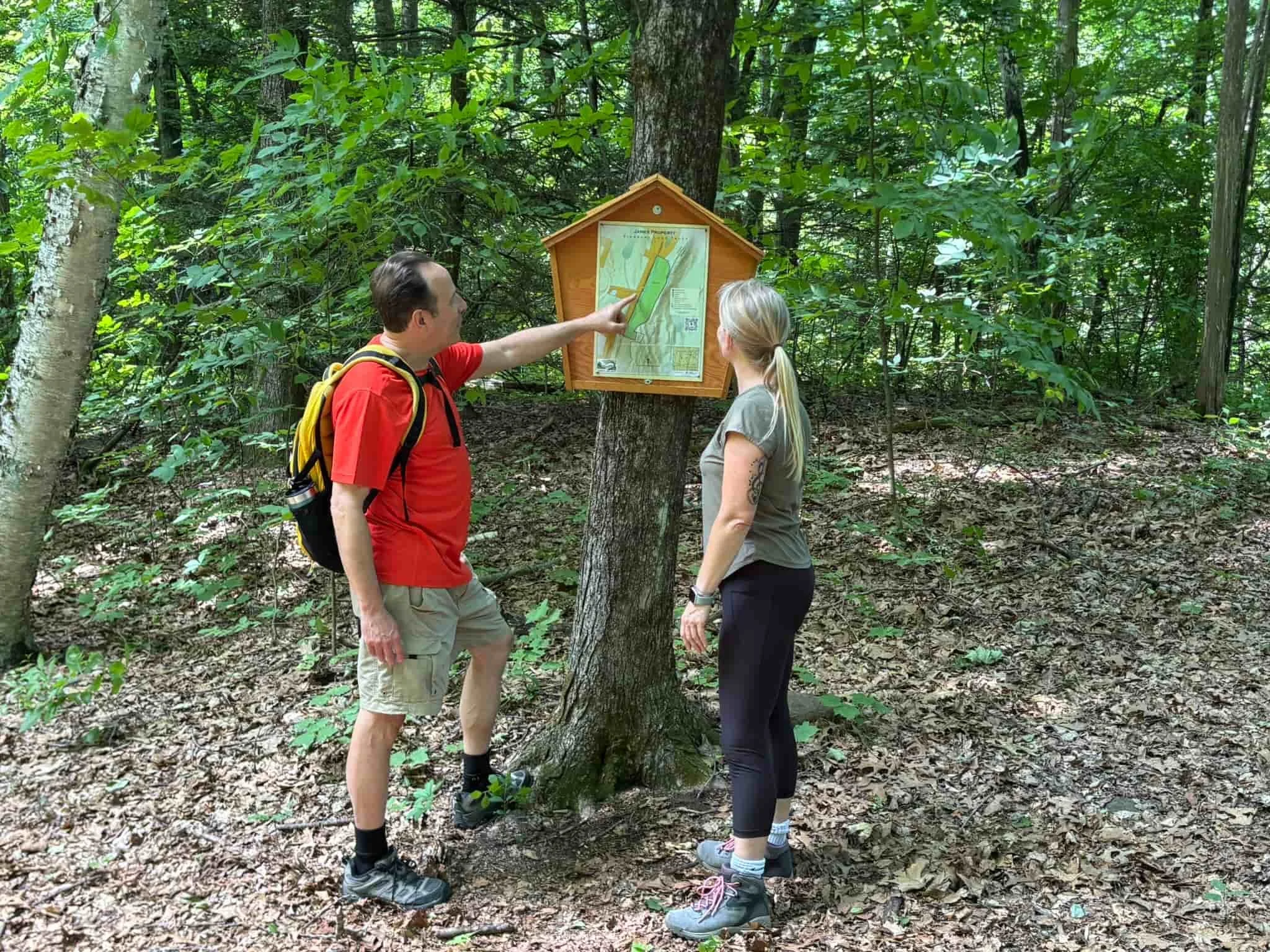 Two people, a man and a woman, standing in a forest, looking at an informational sign attached to a tree. The man is pointing at the sign, and both appear to be discussing it.