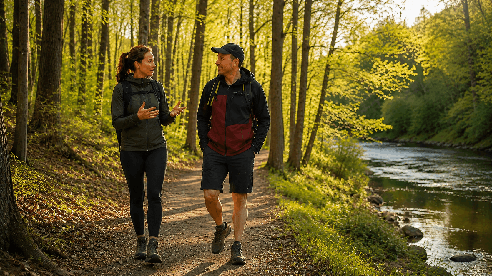 A man and woman walking and talking along a forest trail next to a river, surrounded by green trees in springtime, wearing hiking gear.