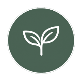 Green circular background with white outline of a sprouting plant.