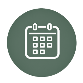 Icon of a calendar with dates, on a green circular background.
