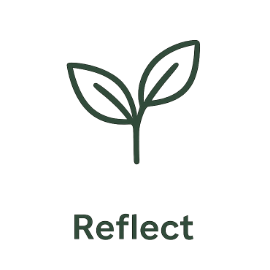 A simple line drawing of a sprouting plant with two leaves, with the word 'Reflect' underneath.