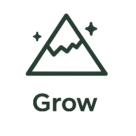 A minimalist mountain icon with stars and the word 'Grow' below.