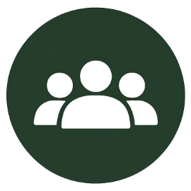 Icon of three white people with a larger central figure and two smaller figures on either side, on a dark green circular background.