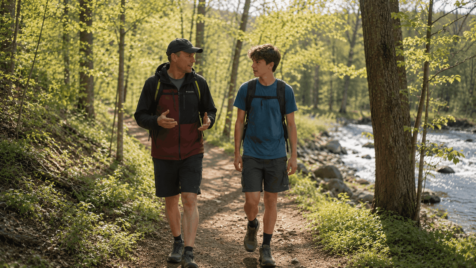 A father and son walking and talking along a wooded trail beside a flowing river in a forest during daytime.