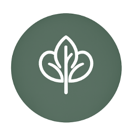 Simple white leaf icon on a muted green circular background.