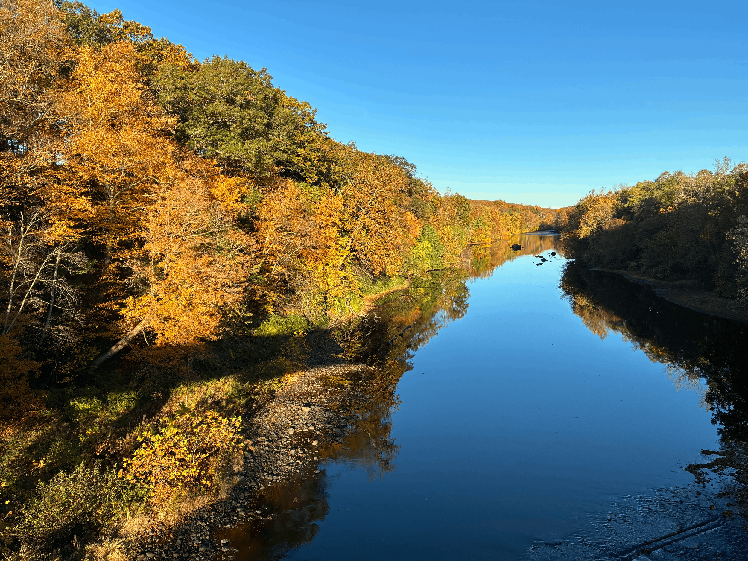 A river reflecting the blue sky and trees with autumn foliage on both banks. The scene shows a peaceful natural landscape during fall.