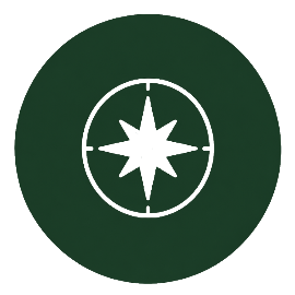 A white compass rose symbol on a dark green circular background.