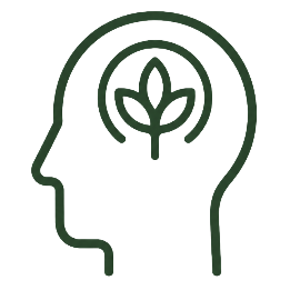 Outline of a human head with a plant inside the brain area, symbolizing growth or eco-friendly thinking.
