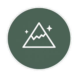Minimalist mountain illustration with stars, inside a circle.
