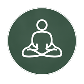 An icon of a person sitting cross-legged in a meditative pose on a dark green circular background.
