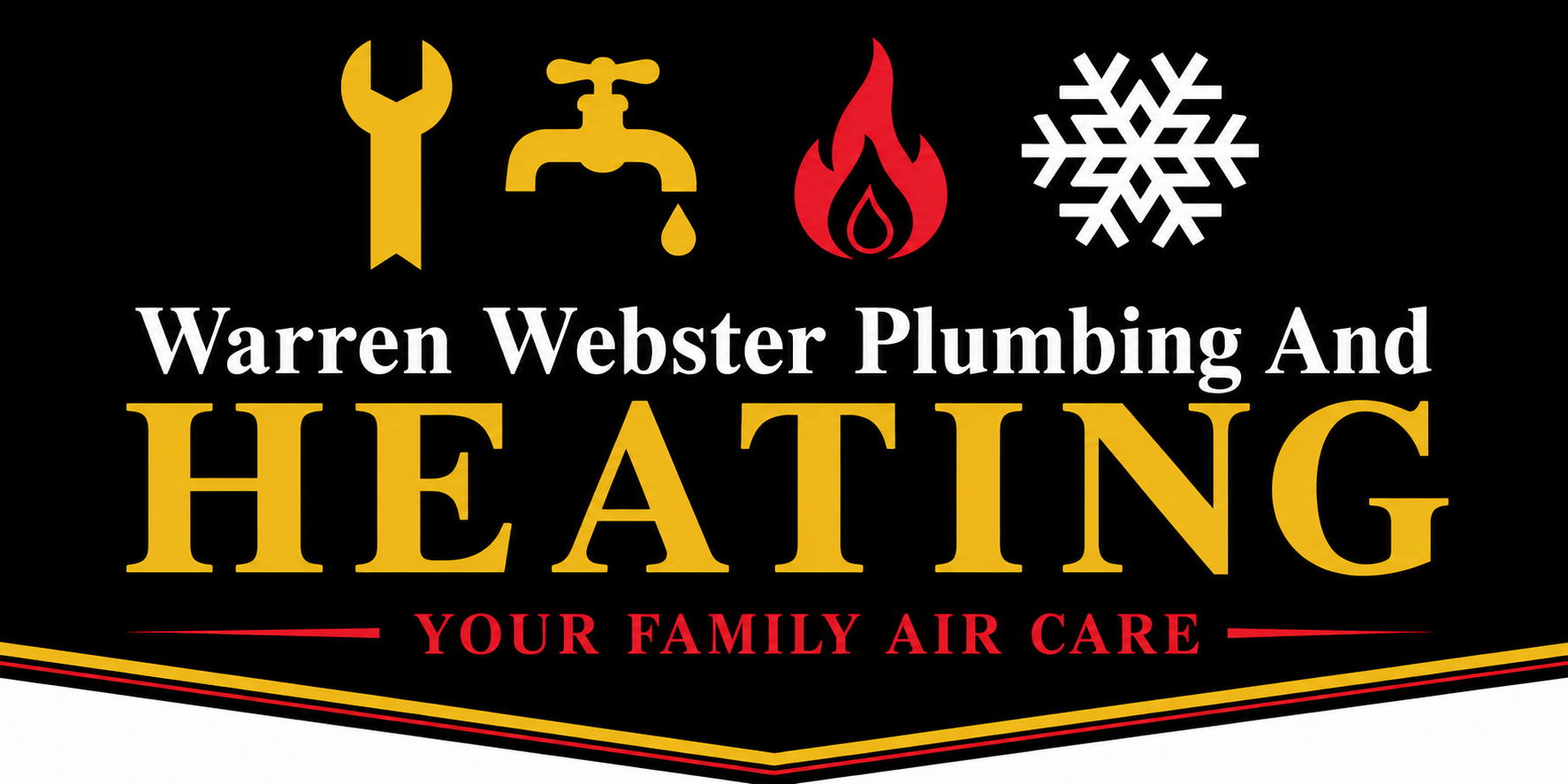 Logo for Warren Webster Plumbing and Heating with icons of a wrench, faucet, fire, and snowflake, and text indicating services including plumbing, heating, and air care.