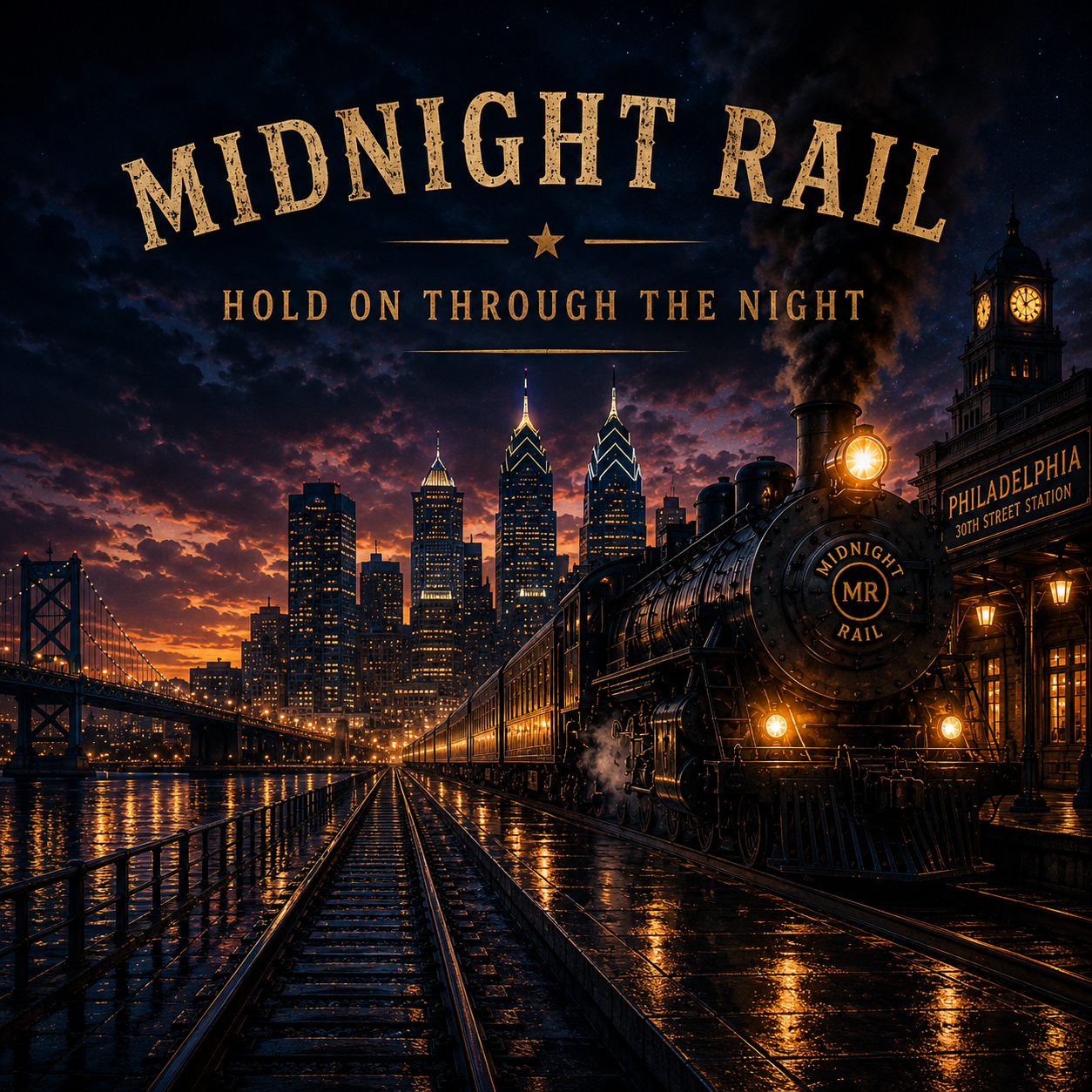 A vintage steam train at a midnight station with a city skyline and a bridge at sunset in the background.