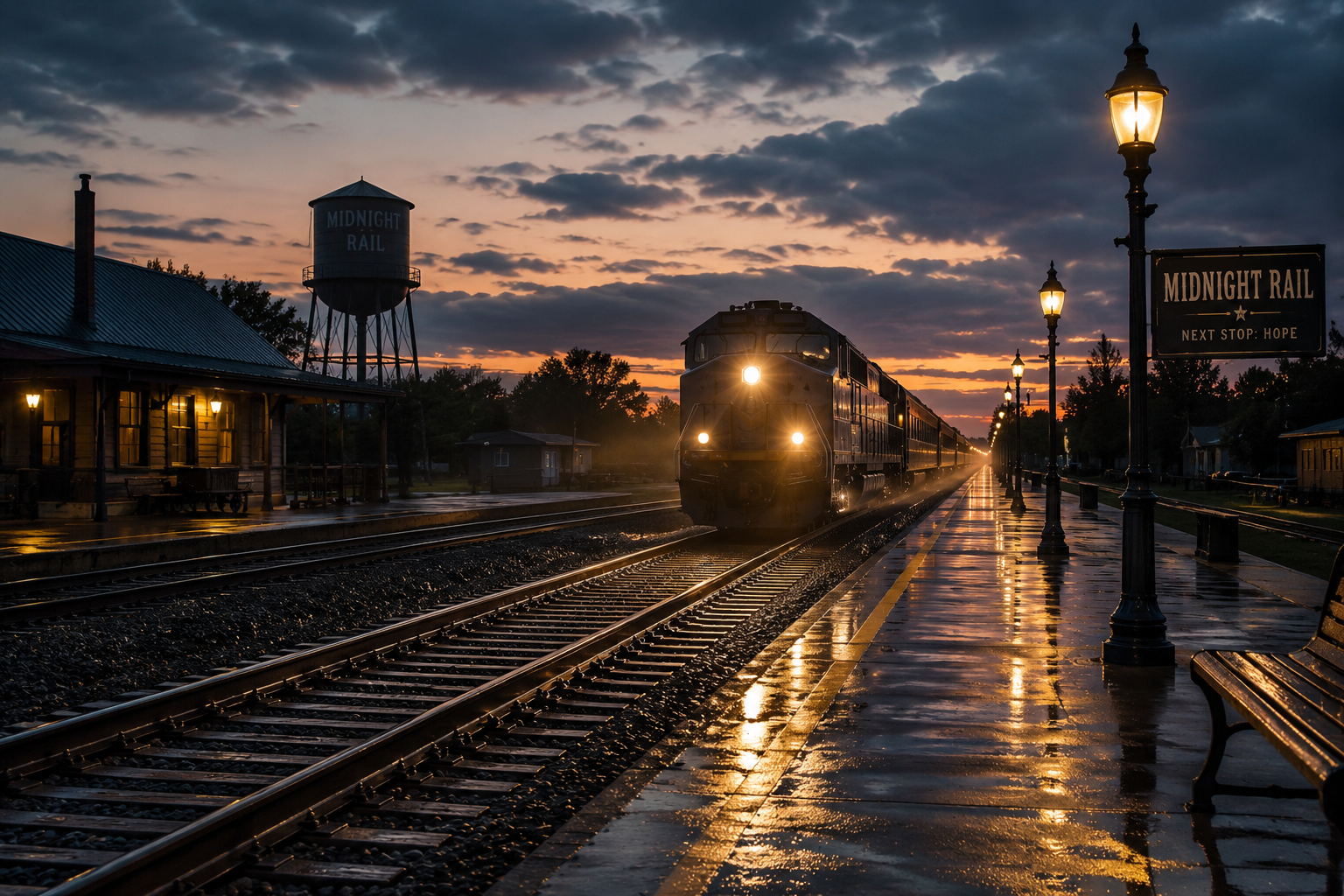 A train arriving at a small station during sunset, with wet platform reflecting lights from street lamps and the train, and a water tower labeled 'Midnight Rail' in the background.