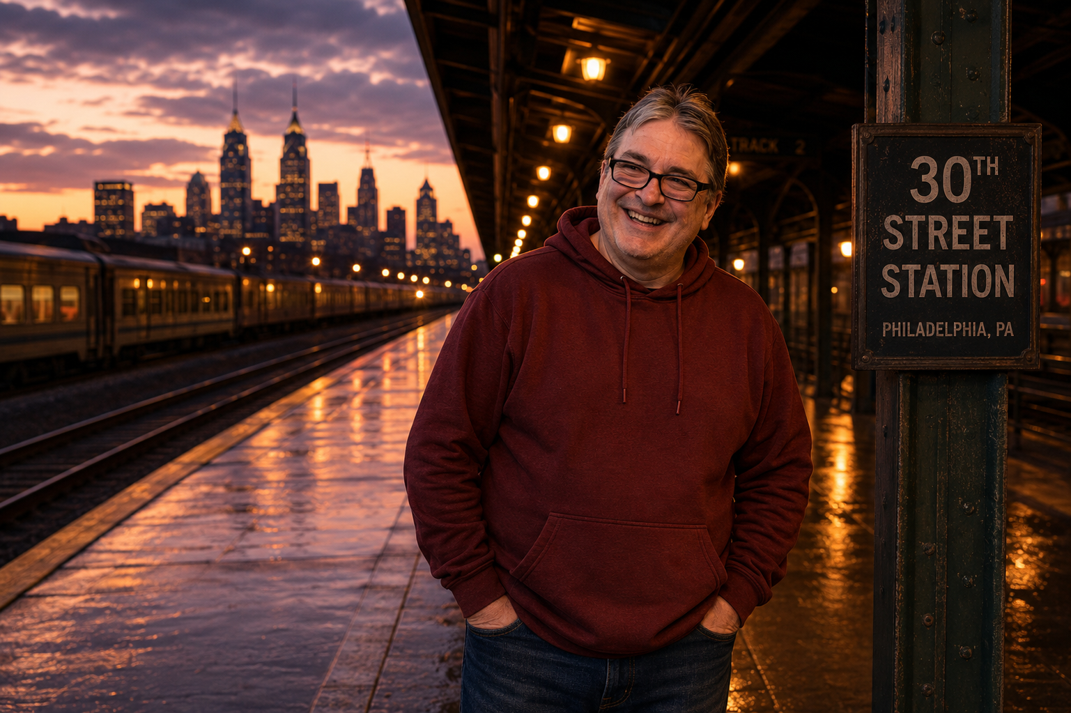 A man wearing glasses and a maroon hoodie smiling at the camera at 30th Street Station in Philadelphia, PA during sunset. The train tracks and city skyline are visible in the background.