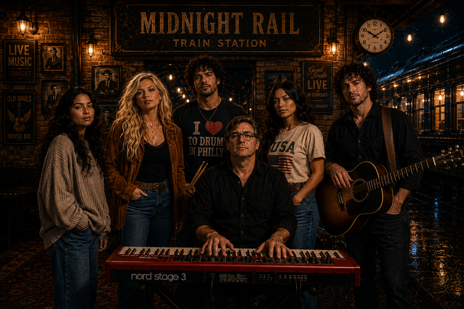 Group of six musicians posing with one sitting at a keyboard, two holding guitars, in a vintage train station setting with warm lighting and posters on the brick wall.