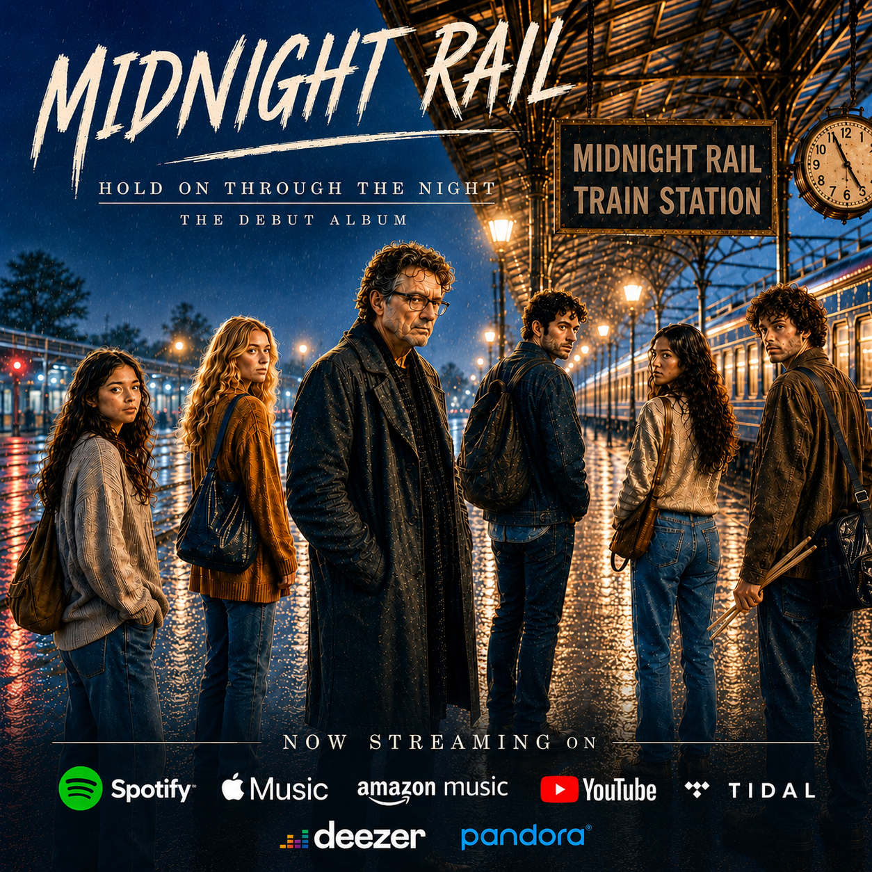A poster for the album 'Midnight Rail' shows six young people standing on a rainy train station platform at night, with a train in the background and a clock showing 11:12. The band members are dressed in casual clothing, and the scene has a moody, cinematic atmosphere. Logos of streaming platforms Spotify, Apple Music, Amazon Music, YouTube, Tidal, Deezer, and Pandora are at the bottom, with text indicating the album is now streaming.