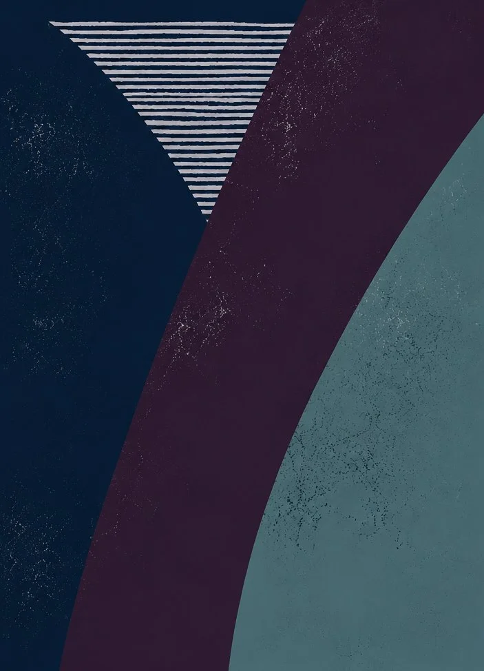 Abstract digital art with curved shapes in dark blue, purple, and teal, featuring textured and striped patterns.