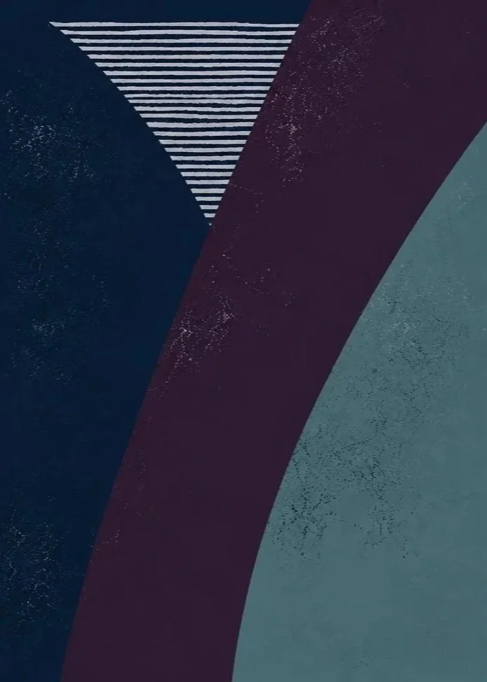 Abstract geometric artwork with large curved shapes in dark blue, burgundy, and teal, featuring striped pattern at the top.