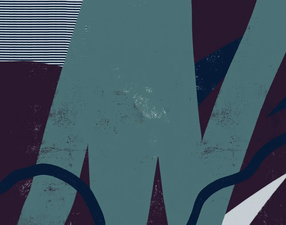 Close-up of an abstract mural with large painted shapes, including a prominent large teal shape in the center, black and white striped lines, and dark purple and blue accents.