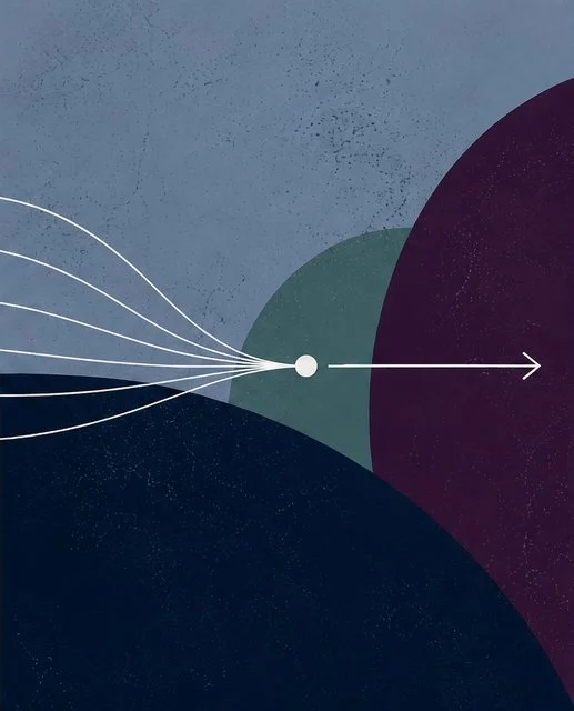 Graphic illustration of particles converging into a white circle, then dispersing into an arrow pointing right, representing a scientific or technological process.