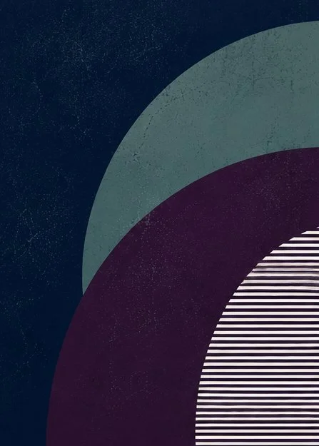Close-up of abstract geometric shapes with overlapping circles in blue, green, and purple, some with striped patterns.