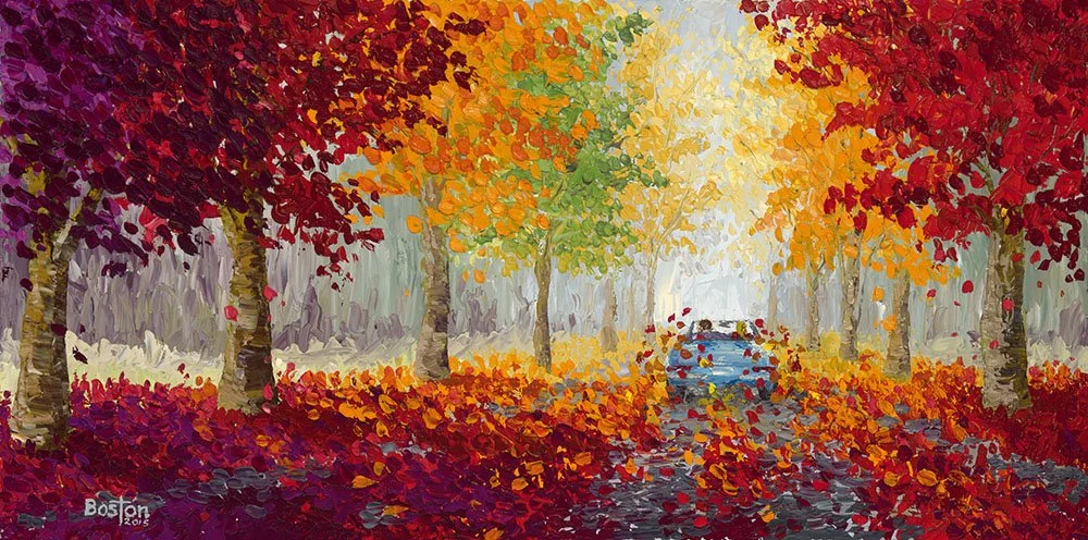 Joy Ride-oil-painting-fall-car-convertible-blonde-blue-mercedes-vintage-leaves-36x18 Eric Boston.jpg