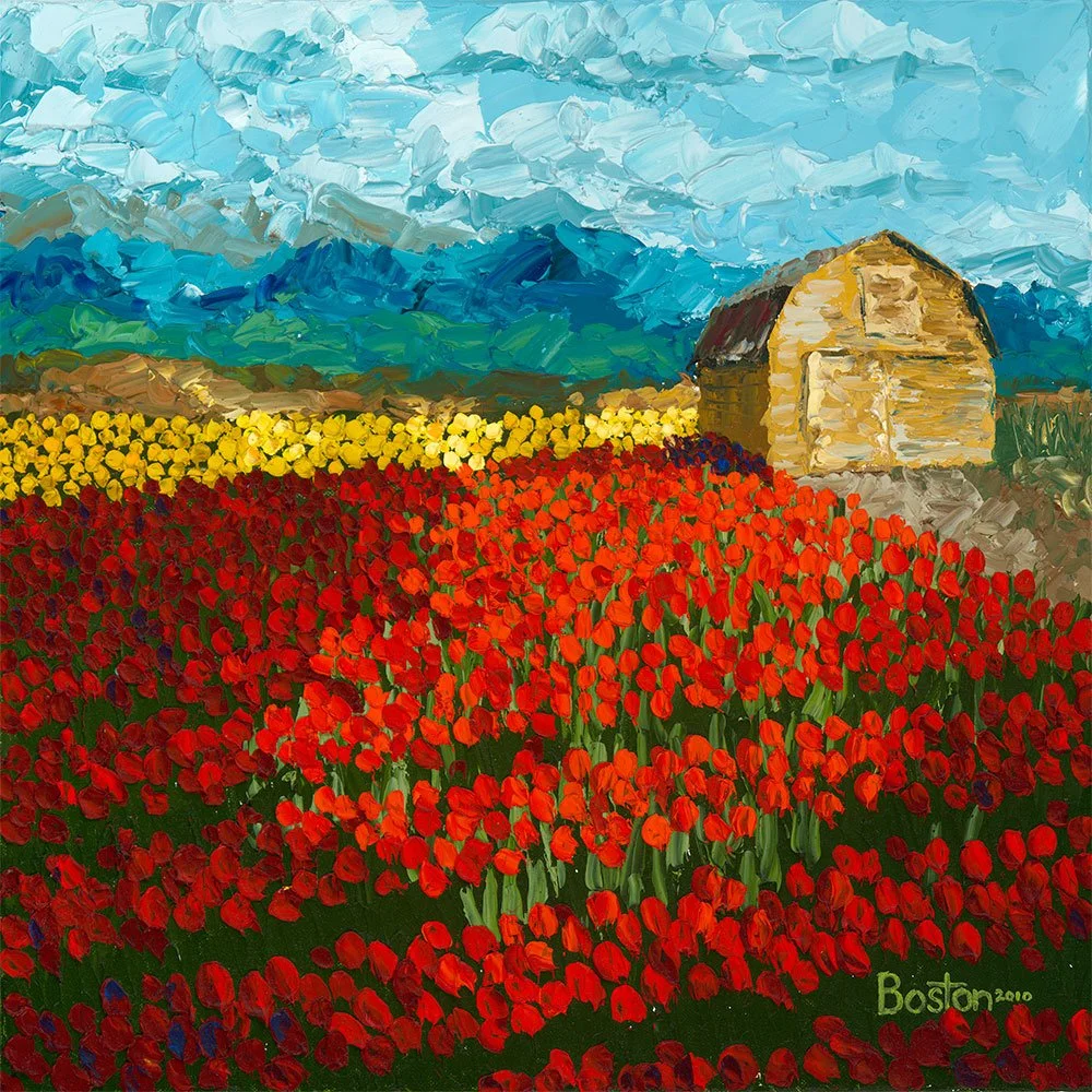 Tulips-and-Barn-oil-painting-red-tulip-field-20x20 Eric Boston.jpg