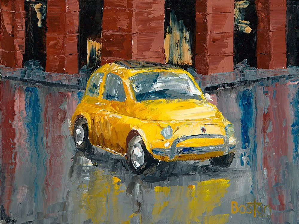 Fiat-oil-painting-yellow-reflection-italy-florence-rome-car-9x12 Eric Boston.jpg