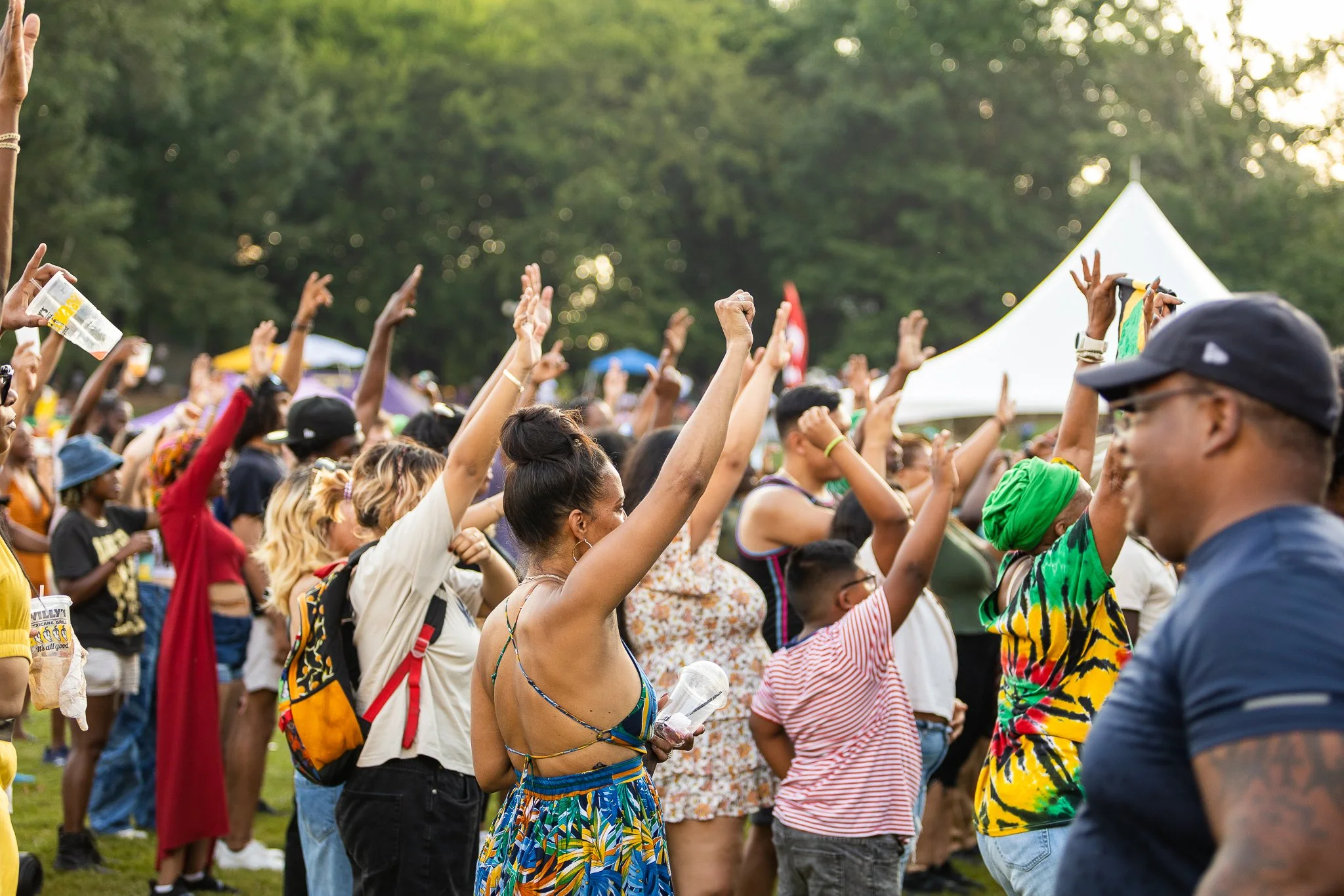 A crowd of diverse people raising their hands at an outdoor event with trees and tents in the background, during the daytime.