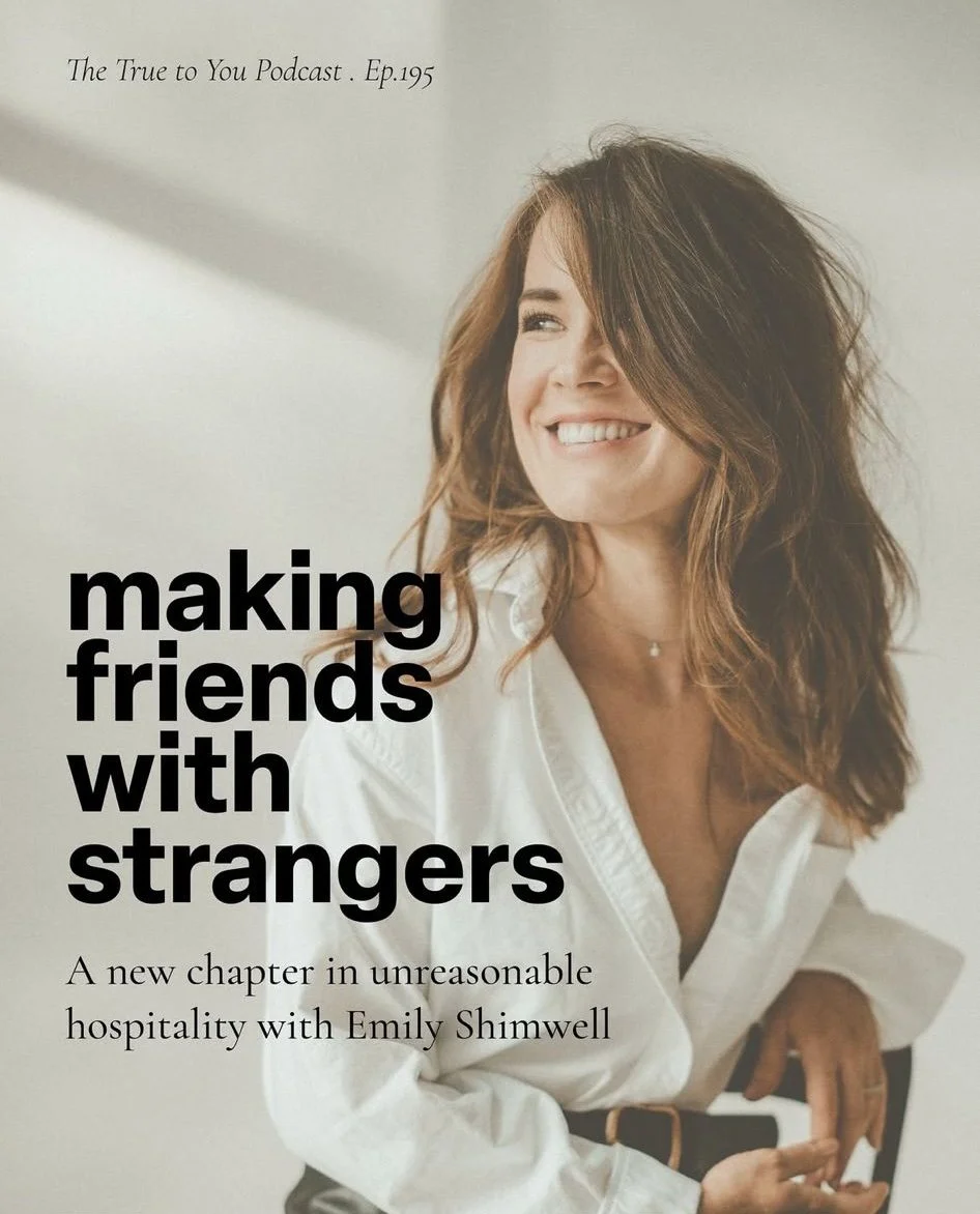 Cover of a podcast episode titled "Making friends with strangers" featuring Emily Shimwell, with a woman with wavy brown hair, smiling and wearing a white shirt.