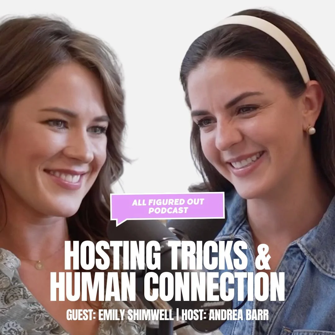 Two women smiling and speaking into a microphone, promoting a podcast about hosting tricks and human connection.