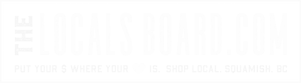 Faded text promoting local businesses on board, including a website URL and a message encouraging shopping local in Squamish, BC.