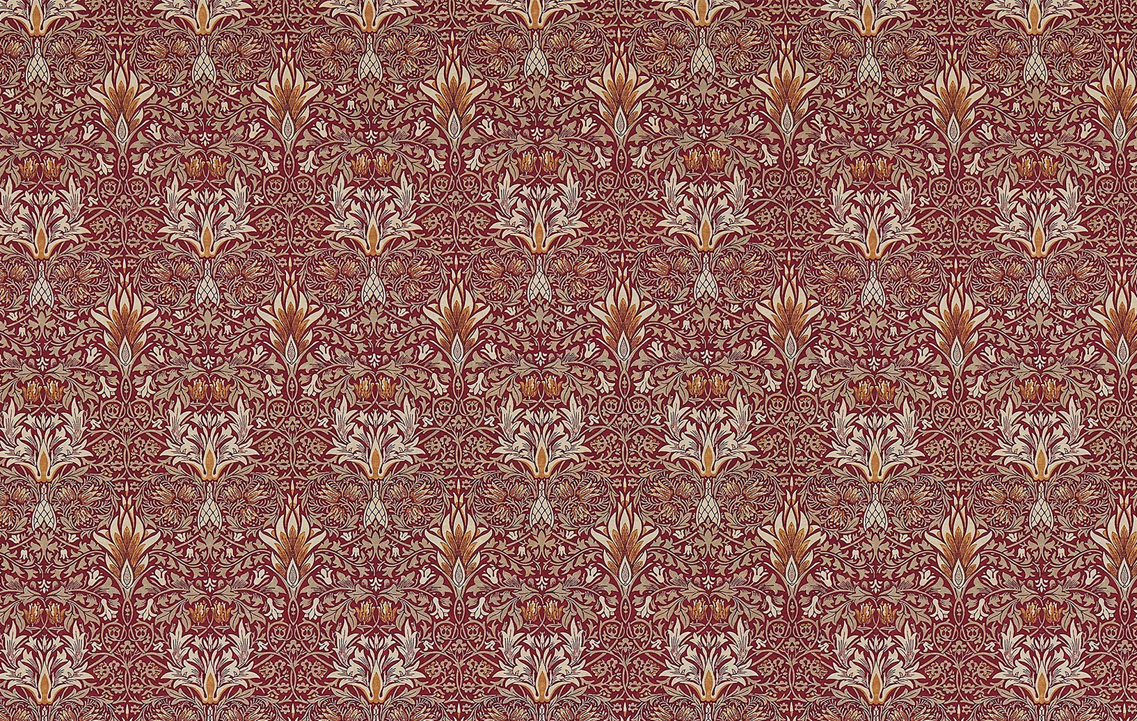 A pattern featuring intricate floral and botanical designs in shades of gold, beige, and dark red.