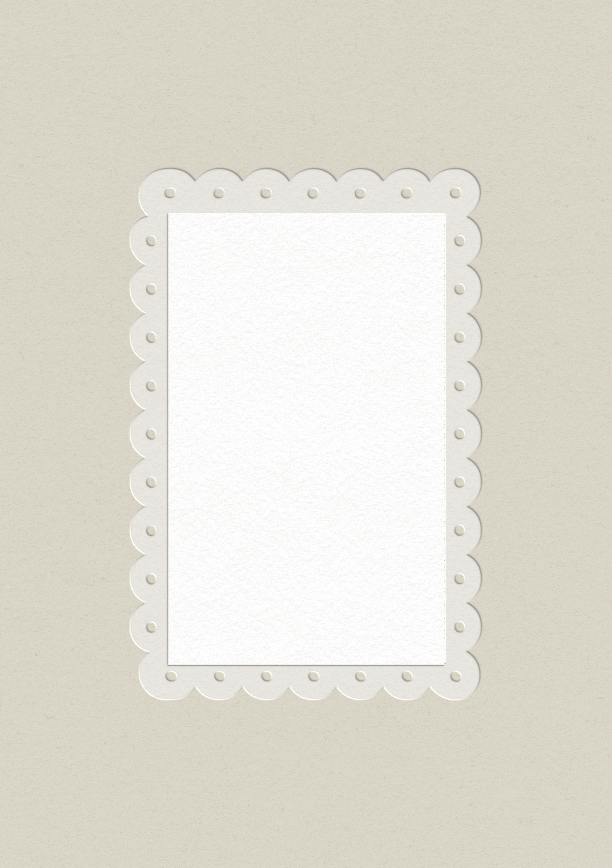 Blank photo frame with a scalloped border on a textured beige background.